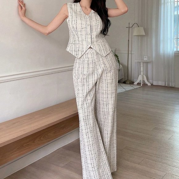 White Preppy Womens Plaid Suit Vest And Wide Leg Pants Suit - Picture 5 of 5